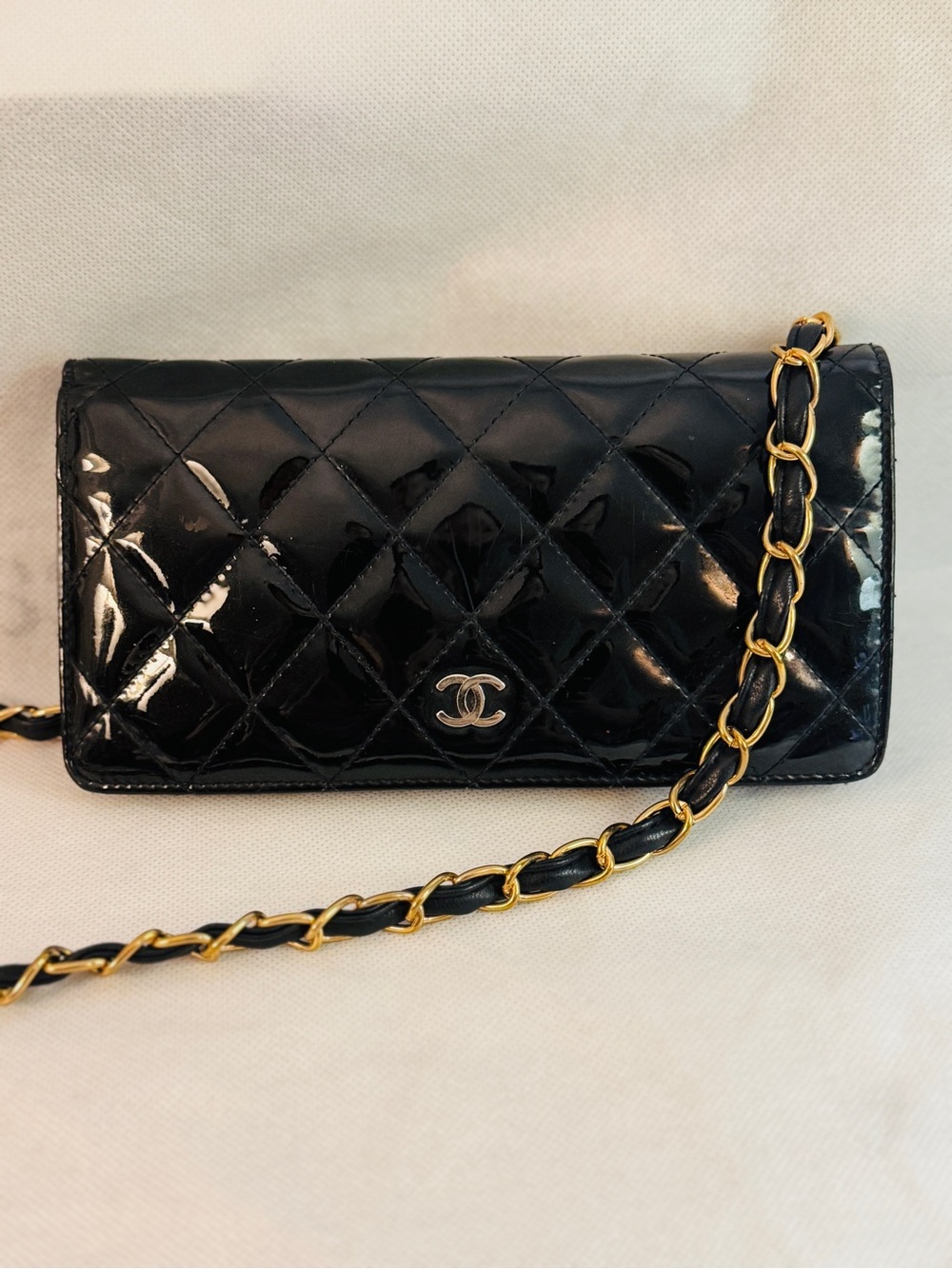 CHANEL Black Quilted Patent Leather Wallet with Chain